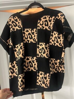 Black and Tan Leopard Check Knit Top